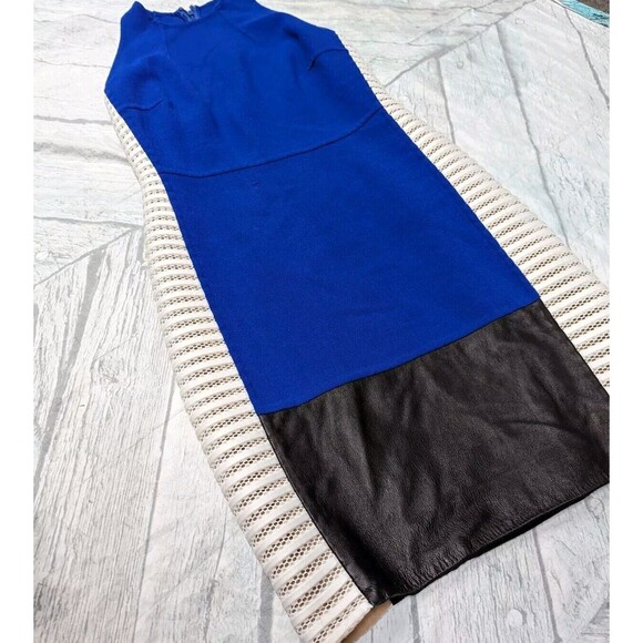 Carmen Marc Valvo Couture Size 6 Blue Colorblock Bodycon Dress Silk Wool Leather - Picture 3 of 9